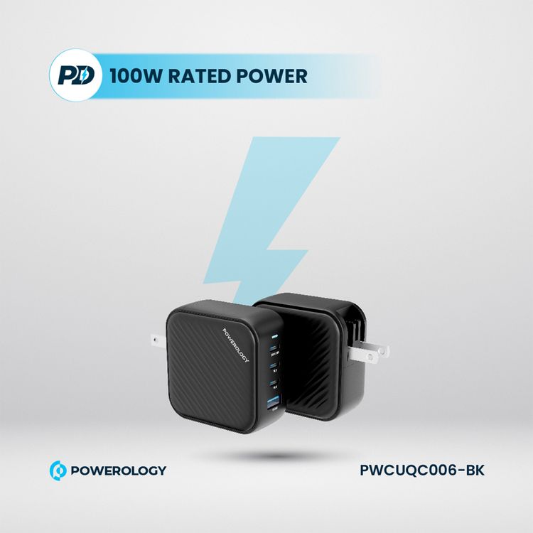 Powerology 100W Triple PD GaN Charger with EU & UK Plug, 3 USB-C Ports & USB-A Port, Built-in Safeguard, Multi Device Charging, Fast Charge, Laptop Charger - Black