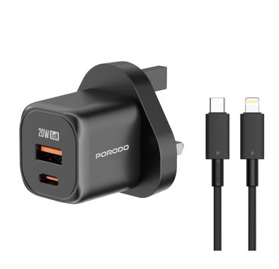 Porodo Dual Port Wall Charger with USB-C to Lightning Cable, Over-Heat Protection, Simultaneous Charging, Reliable Companion - Black