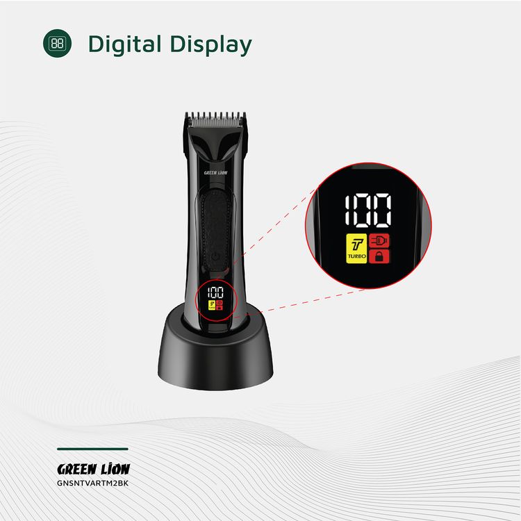 Green Lion Sensetive Area Trimmer 2 with LED Status Indicators, Storage Base, Type-C Charging, 2 Guide Combs, Digital Display, Spot Light, Corded & Cordless - Black