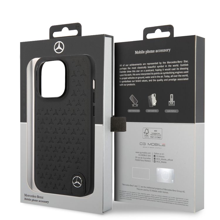 CG MOBILE Mercedes-Benz Genuine Leather Case With Star Pattern, Compatible w/ 14 Pro (6.1") Protective Cover, Scratch & Drop Protection, Wireless Charger Compatibility - Black