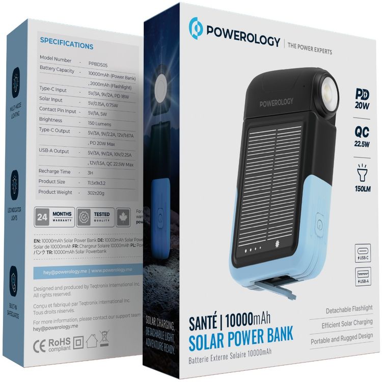 بنك طاقة يعمل بالطاقة الشمسية من باورولوجي سانتيه، سعة 10000 مللي أمبيرساعة، مع مصباح يدوي قابل للفصل بقوة 2000 مللي أمبيرساعة، ومنافذ إخراج USB-C وUSB-A بقوة 22.5 وات بتقنية الشحن السريع، وسطوع مصباح يدوي بقوة 150 لومن، وشحن فعال بالطاقة الشمسية، وضمانات مدمجة، وتصميم محمول ومتين، ومؤشرات LED، وإضاءة متعددة الأوضاع - أسود.
