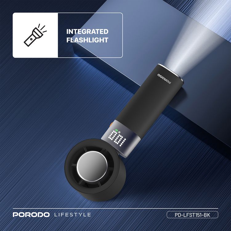 Porodo Lifestyle Handheld Turbo Fan with 100-Level Wind Speed Adjustment, Up to 4 Hours of Working Time, 13000RPM Operating Speed, Integrated Flashlight, 90° Folding Design - Black