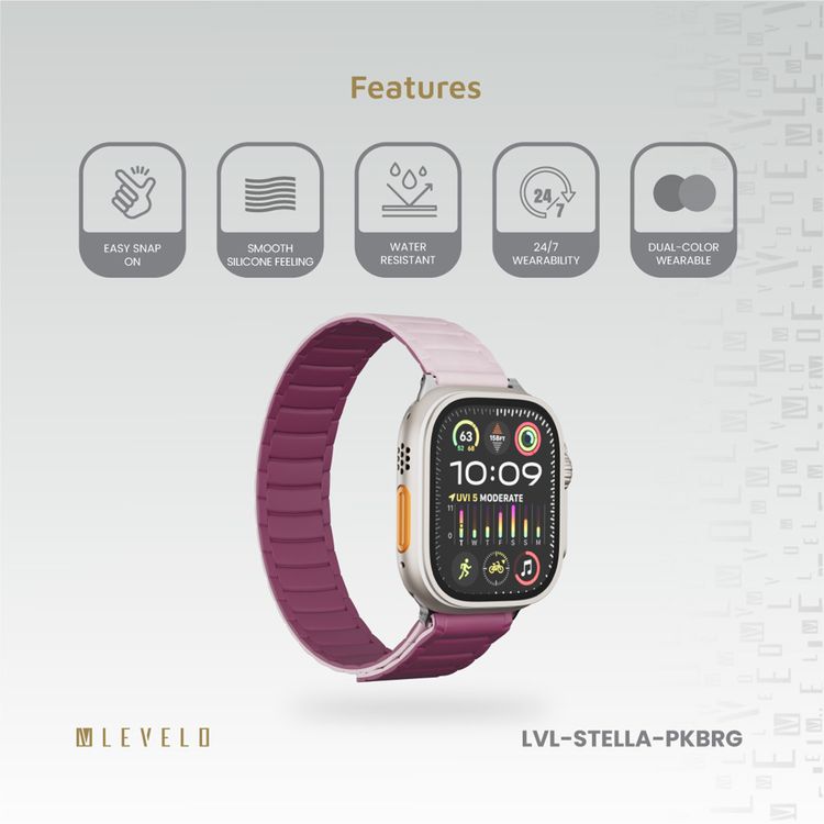 Levelo Stella Silicone Watch Strap with Magnets, Compatible with 49/46mm Smartwatches & Apple Watch SE, Series 9, 8, 7, 6, 5, Dual-Color Wearable, Hypoallergenic Material, Easy Snap-On, Sweat-Resistant, Water-Resistant - Pink / Burgundy