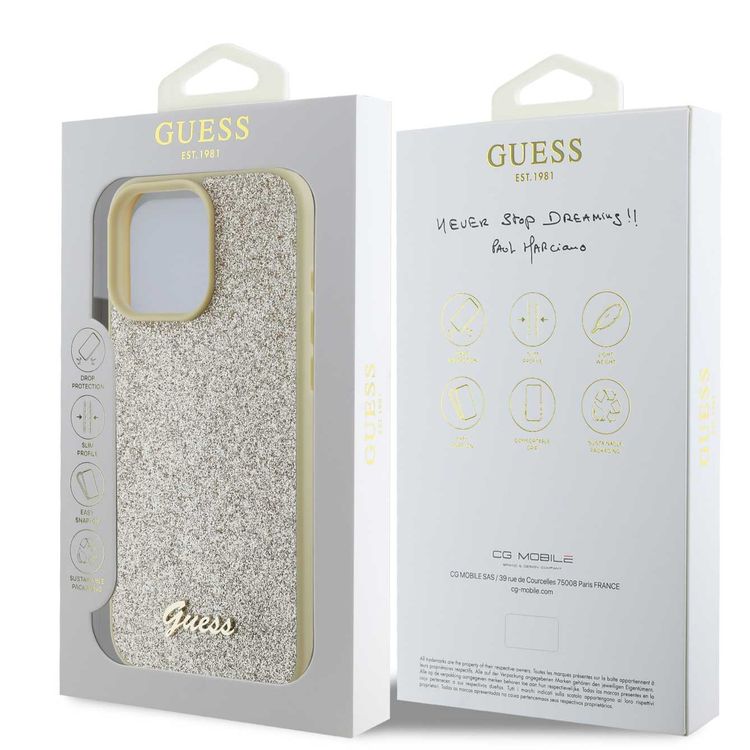 Guess Fixed Glitter Hard Case with Script Metal Logo for iPhone 16 Pro, Slim Profile, Drop Protection, Easy Snap-On, High-Quality Material, Extra Shield Protection - Gold
