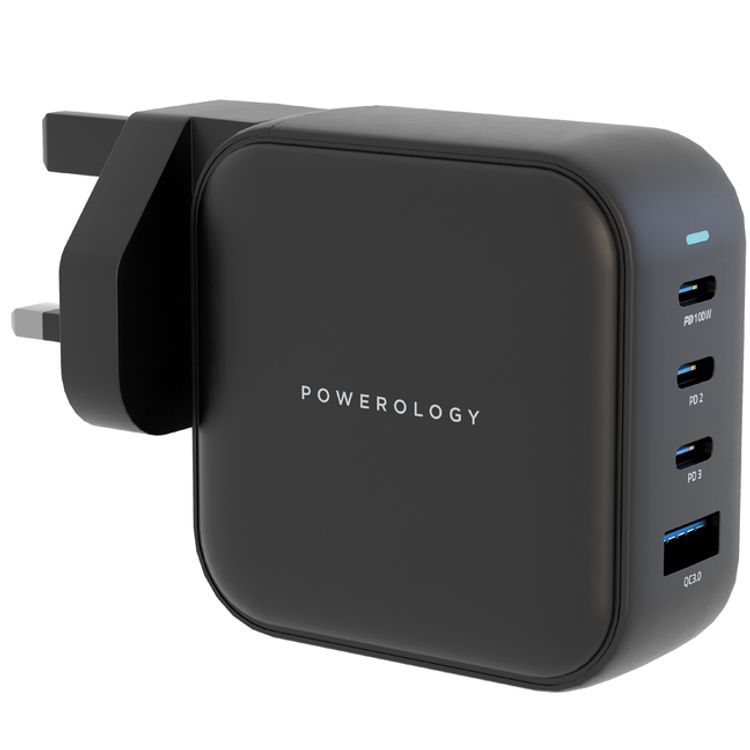 Powerology 100W Triple PD GaN Charger with EU & UK Plug, 3 USB-C Ports & USB-A Port, Built-in Safeguard, Multi Device Charging, Fast Charge, Laptop Charger - Black
