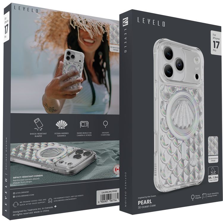 حافظة Levelo Pearl ثلاثية الأبعاد المحيط لجهاز iPhone 17 Pro، بتصميم حجر القمر ثلاثي الأبعاد، متوافقة مع MagSafe ومزودة بمغناطيس قوي، حواف مرتفعة لحماية الكاميرا والشاشة، مختبرة ضد السقوط، زوايا ممتصة للصدمات بتصميم يشبه الوسادة الهوائية، بأناقة مستوحاة من المحيط - متلألئة.