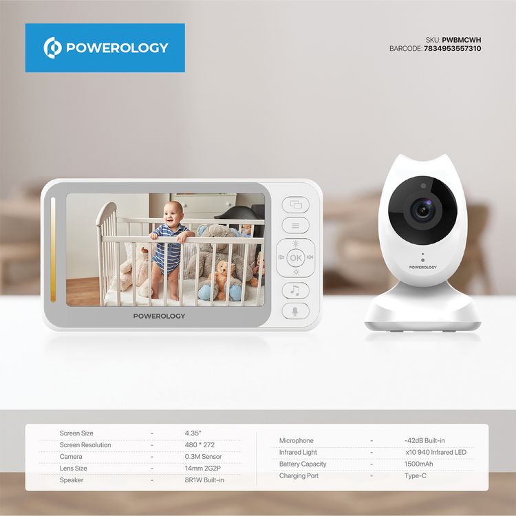 Powerology Smart Cam Baby Monitor with Two-Way Audio & Smart Sensors, 300m Monitor Range, 4.35" Screen Size, Milk Feeding Reminder, Preloaded Music - White