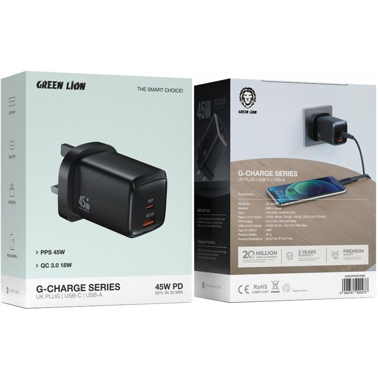 Green Lion G-Charge Series Wall Charger with PD 45W, QC 18W, USB-A & USB-C Ports, 3-Pin UK Plug, ABS & Copper Material, Fast Charge Support, GaN Technology - Black