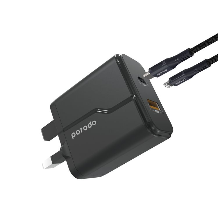 Porodo Dual Port Wall Charger with Type-C to Lightning Cable, 20W Power Delivery, QC 18W, Fire Retardant Material, Overcurrent Protection, UK 3-Pin Plug, Built-in Protective Mechanisms - Black