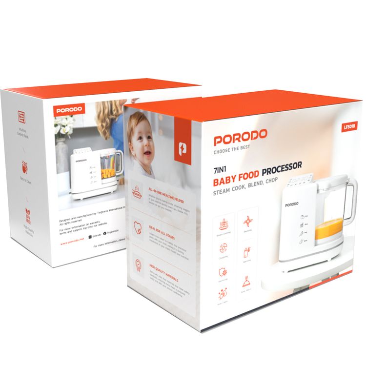 Porodo 7-in-1 Baby Food Processor with 900mL Blending Jug Capacity, 700W Heating Function Power, Steam Cooking, 280mL Water Tank Capacity, Intuitive Control Panel - White