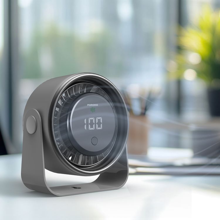 مروحة تبريد ميني فلورا من بورودو لايفستايل مع شاشة LED رقمية وتحكم باللمس، وقت تشغيل يصل إلى 9.5 ساعات، منفذ شحن USB-C، بطارية 3000 مللي أمبير، 4 أوضاع للسرعة، تشغيل صامت - رمادي