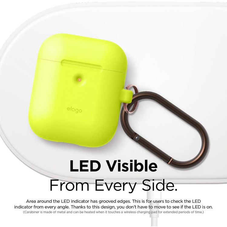Elago Silicone Case with Anti-Lost Keychain Compatible with Apple AirPods 1/2 Wireless Charging Case, Front LED Visible, Anti-Slip Coating Inside, Premium Silicone - Neon Yellow