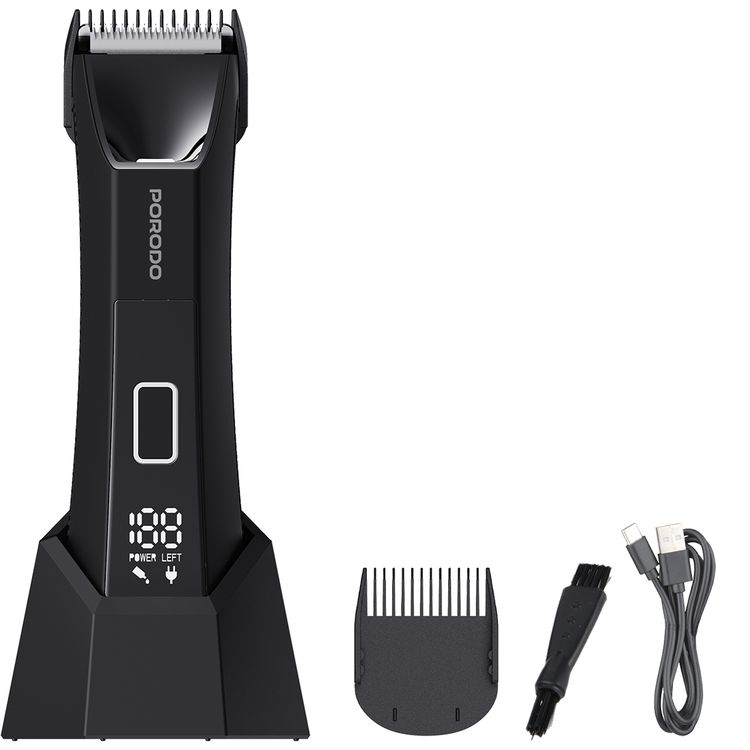 Porodo Ceramic Blade Gentle Grooming Trimmer with Digital Display, 90 Minutes Working Time, 600mAh Battery Capacity, 5W Rated Power, Wet & Dry Shaving, Secure Travel Lock, Detachable Comb, USB-C Charging Port - Black
