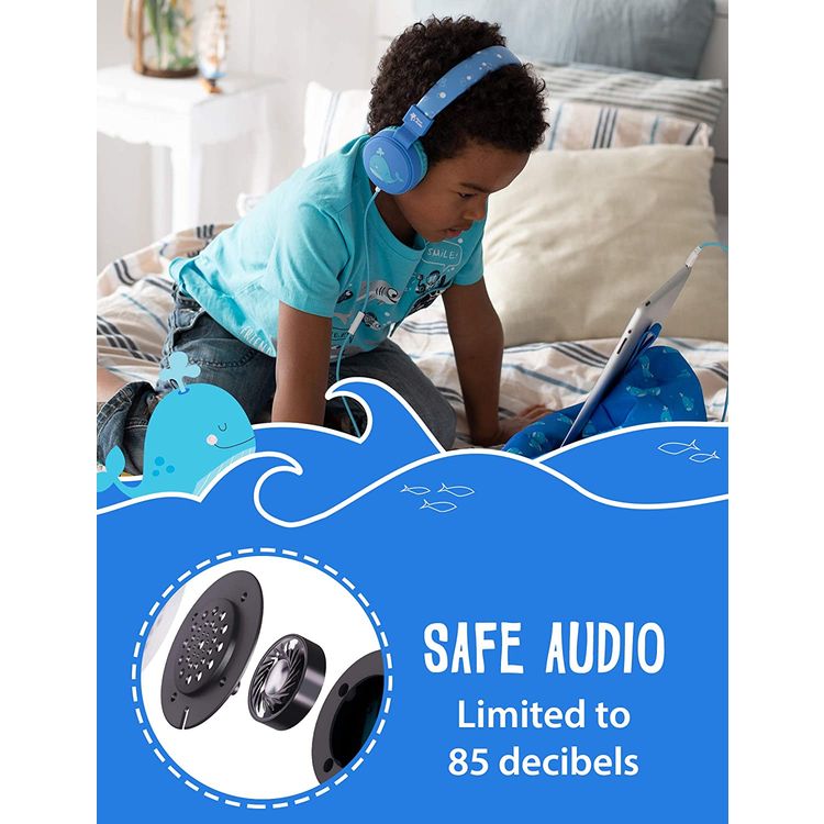 Planet Buddies Kids Wired Headphones with 85 dB Volume Limited, Plug and Play, Lightweight and Comfortable Design, 40 mm Driver Size, Adjustable Headband Suitable for Children (Whale) - Blue