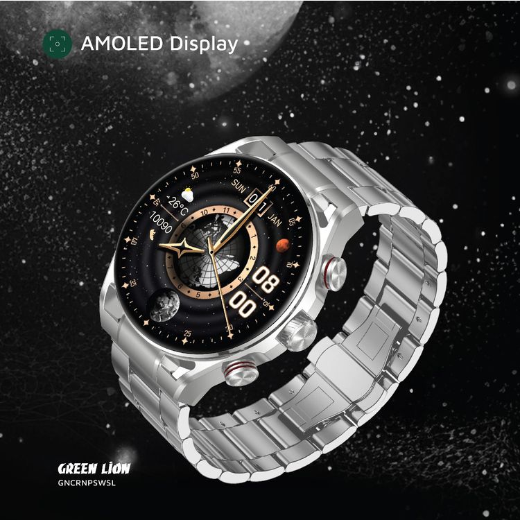 ساعة جرين ليون كرونو برو الذكية بشاشة AMOLED بقياس 1.6 بوصة، بطارية 360 مللي أمبير، تصل مدة عملها إلى 7 أيام، سطوع 1000 شمعة، تتبع النشاط، مراقبة الصحة، ساعة توقيف ومنبه - فضي