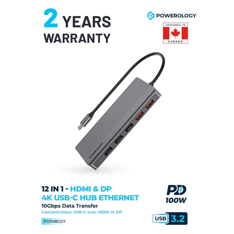 Powerology 12 in 1 - Hdmi & DP 4K Usb-C Hub Ethernet 10Gbps Data Transfer - Gray