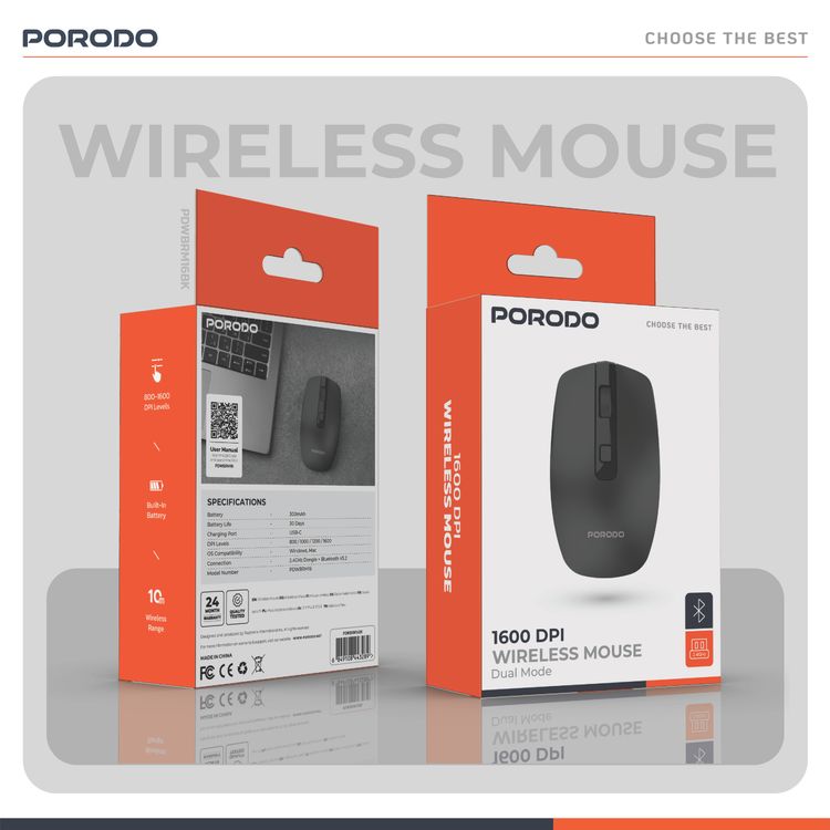 Porodo 1600 DPI Wireless Dual Mode Mouse with 10m Wireless Range, 30 Days Working Time, Built-in Battery - Black