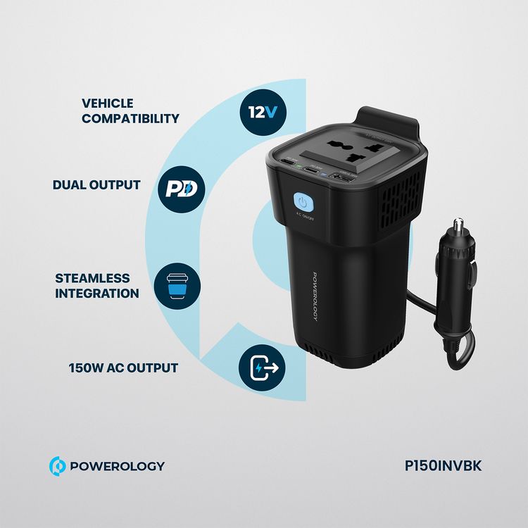 Powerology 150W Cup Holder Power Inverter with 30W Power Delivery, 1× USB-A & 2× USB-C Ports, Seamless Integration, 150W AC Output, Quick Charge Technology, Universal Compatibility - Black