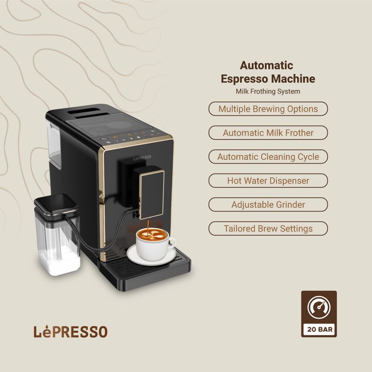 LePresso 20 Bar Full Automatic Coffee Machine, Adjustable Grinder, Hot Water Dispenser, Multiple Brewing Options - Black