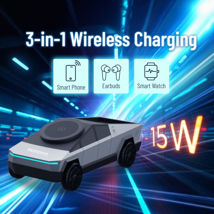 Porodo Cyber Dock 3-in-1 Wireless Charger with 15W Wireless Charging, 5W Earbuds Output, 2.5W Watch Output, 3-6mm Charging Distance, USB-C Charging Interface, 90°Motorized Rotation Stand - Gray