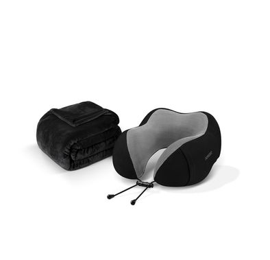 Porodo Lifestyle Travel Comfort Duo 2-in-1 Velvet & Memory Foam Pillow and Soft Flannel Blanket with Adjustable Clasp, Comfort & Optimum Support, 100% Polyester Material, Anatomically Correct Design, Ultra-Soft Cotton Velour Fabric, Cord Lock System, Head-Up Comfort Zone, Pocket Enclosure - Black