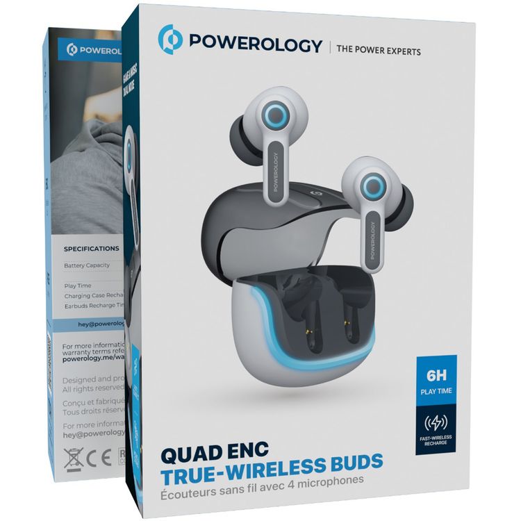 Powerology Quad Mic ENC True Wireless Earbuds, 6h Playtime, Bluetooth 5.3, Type-C Charging, 10m Transmission Distance, RGB Lights - White