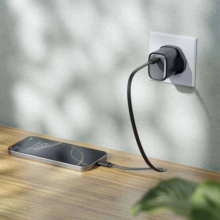 Green Lion Supra 33W GaN USB-C Wall Charger with UK 3-Pin Plug, USB-C to USB-C Cable Included, PPS 33W, Charging Protection, Flame-Retardant PC Material, PD 30W Fast Charging - Black / Gray