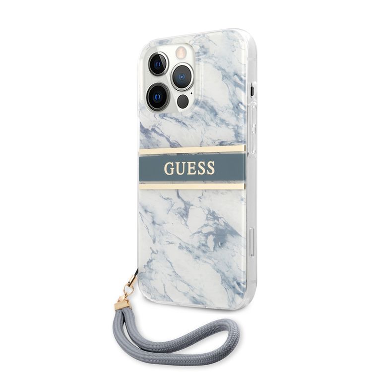 CG MOBILE Guess PC/TPU Case Marble Design & Stripe with Anti-Lost Nylon Strap Compatible for iPhone 13 Pro Max (6.7") Suitable with Wireless Chargers Officially Licensed Blue