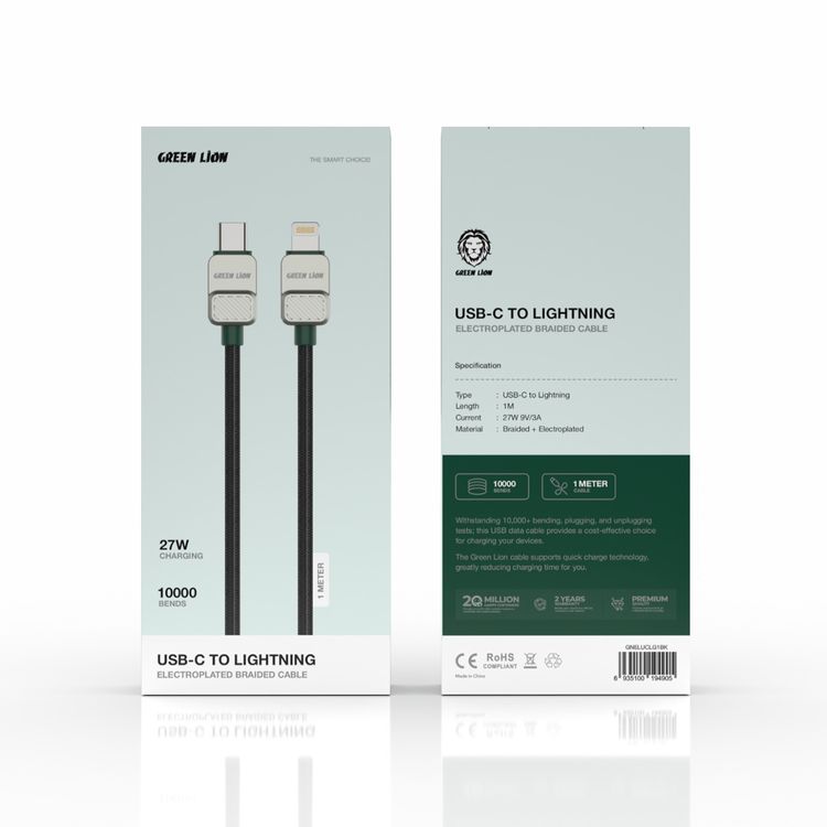Green Lion USB-C to Lightning Electroplated Cable with 27W Current, 1m Cable Length, Braided Outer Material, 480Mbps Transfer Speed, 10,000 Bends Lifespan - Black / Green