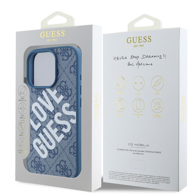 Guess PU 4G Hard Case with Big Love Guess Logo For iPhone 16 Pro, High Quality Material, Lightweight, Easy Snap-on - Blue 