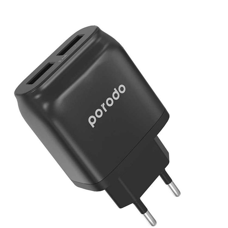 Porodo Main Charger with Cable, Dual USB Wall Charger 2.4A with Improved Version PVC Type-C Cable 1.2m EU 2pin Plug for Type-C Devices, Fast Charging Adapter & Connector Black