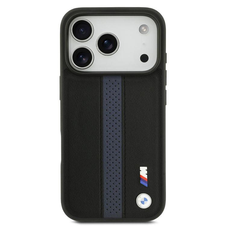 BMW PU Leather Case with Perforated Stripes & Metal Logos for iPhone 17 Pro Max, MagSafe Compatible, Sustainable Packaging, Drop Protection, Slim Profile, Easy Snap-On Design - Black / Blue