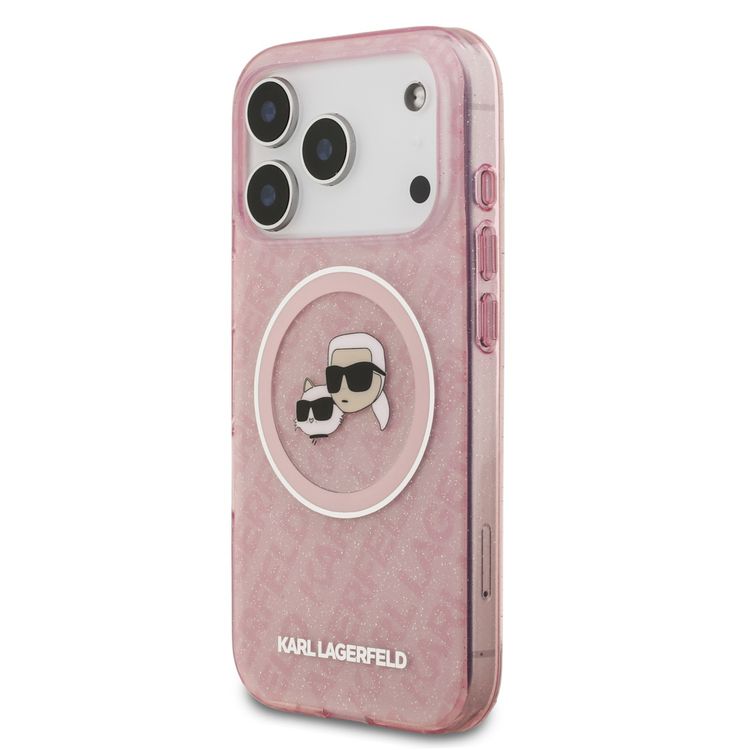 Karl Lagerfeld MagSafe IML Glitter & KL Repeated Case with Karl & Choupette for iPhone 17 Pro Max, Slim Profile, Drop Protection, Easy Snap-On, Sustainable Packaging, Comfortable Grip, Lightweight Design - Pink