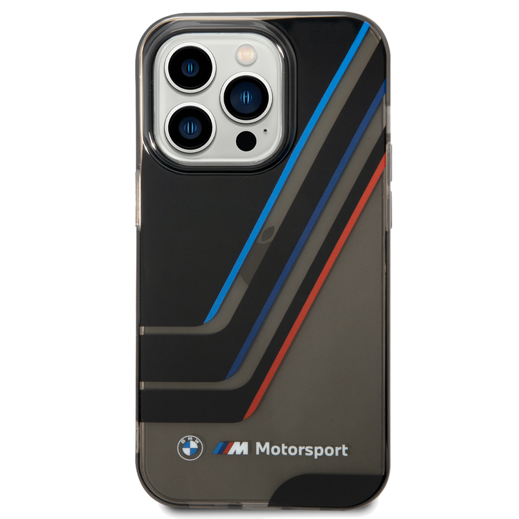 BMW Motorsport Collection PC/TPU IML Printed Tricolor Stripes, Translucent Zones iPhone 14 Pro Compatibility - Black