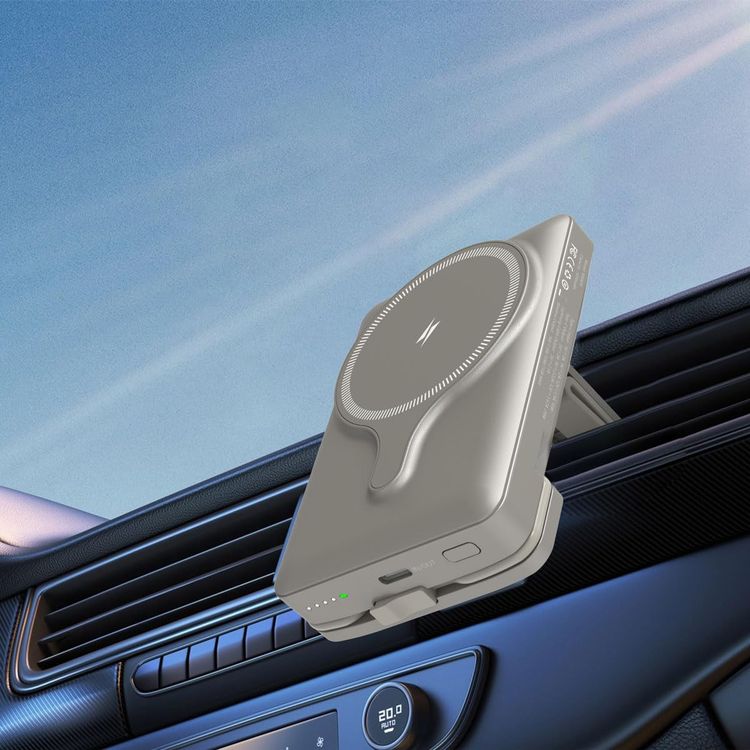 Powerology Car Mount 5000mAh Power Bank with Magnetic Wireless Charger, MagSafe Charging, PD 20W Fast Charge, Folding Air-Vent Clip, LED Indicator, Built-In Type-C Cable, Lightweight & Portable - Titanium
