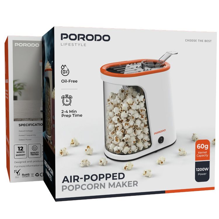 Porodo Lifestyle Air-Popped Popcorn Maker, Quick and Efficient, 60g Corn Kernel, 2-4 Minutes Prep Time, Oil-Free - White / Orange