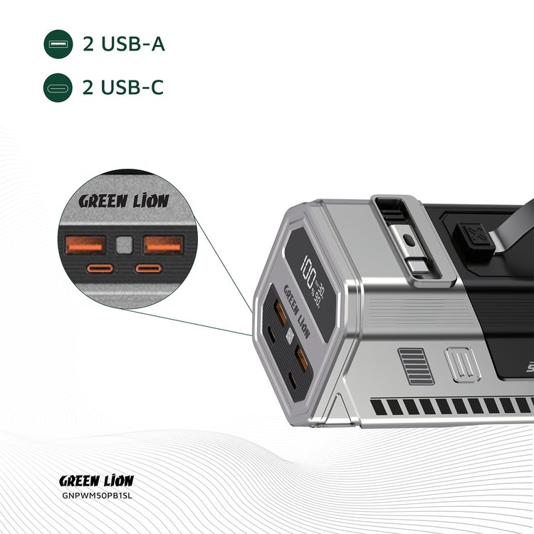 Green Lion Power Max 100W 50000mAh Power Bank with Built-in 1.5m Retractable Cable, 2× USB-A, 2× USB-C Ports, Digital Display, LED Flash Light - Silver