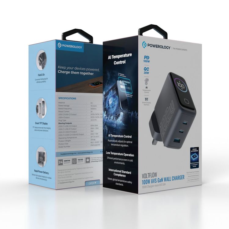 Powerology Voltflow 100W AVS GaN Wall Charger with Smart TFT Display, AI Temperature Control, QC 36W, Rapid Power Delivery, Over Current Protection, Natural Cooling System, High-Power Fast Charging, 25°C to 50°C Operating Temperature, 50/60 Hz Rated Frequency - Gray
