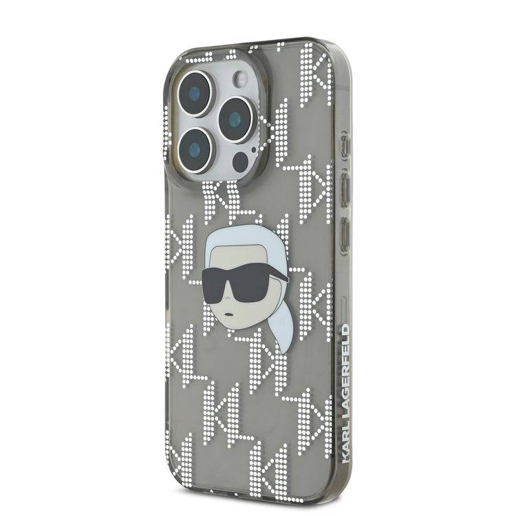 جراب Karl Lagerfeld IML الصلب مع تصميم Karl Head &amp; Monogram مطلي بالكهرباء لهاتف iPhone 16 Pro - أسود