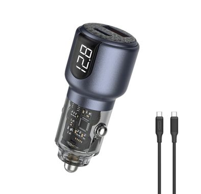 Green Lion Dual Port Car Charger with USB-C to USB-C Cable, Digital Display, 75W Total Output, USB-C & USB-A Ports, Charging Protection, Heat Dissipation - Gray