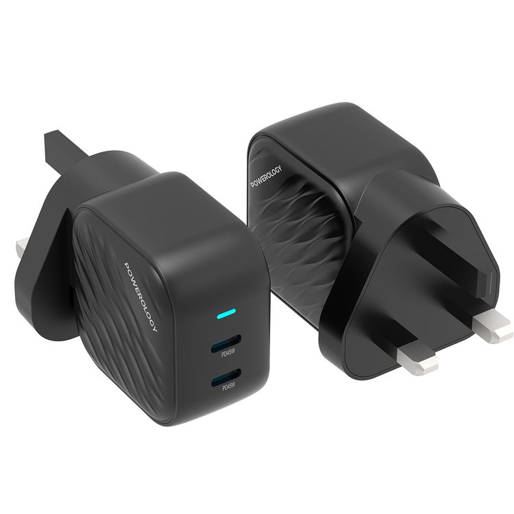 Powerology GaN Dual-USB-C Wall Charger with 45W Power Delivery, Built-in Safeguards, Universal Compatibility, 1.5A Rated Current, AC 100-240V Rated Voltage - Black