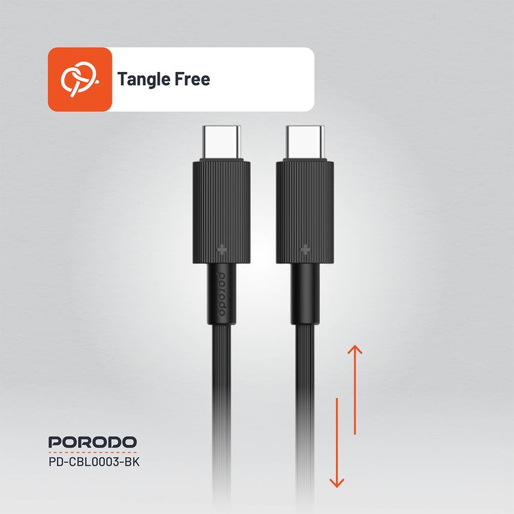 Porodo USB-C to USB C PVC Cable, 480Mbps Transfer Speed, 60W Power Delivery, more than 15000 Bends Life Span, 1.2m Cable Length, Tangle Free - Black