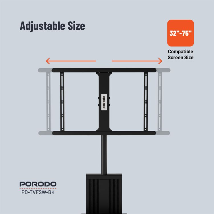 Porodo Mobile TV Stand with 35kg Maximum Weight Capacity, 32"-75" Screen Size Compatibility, Dynamic Swivel & Tilt, Up to 1.36m Height Adjustability - Black