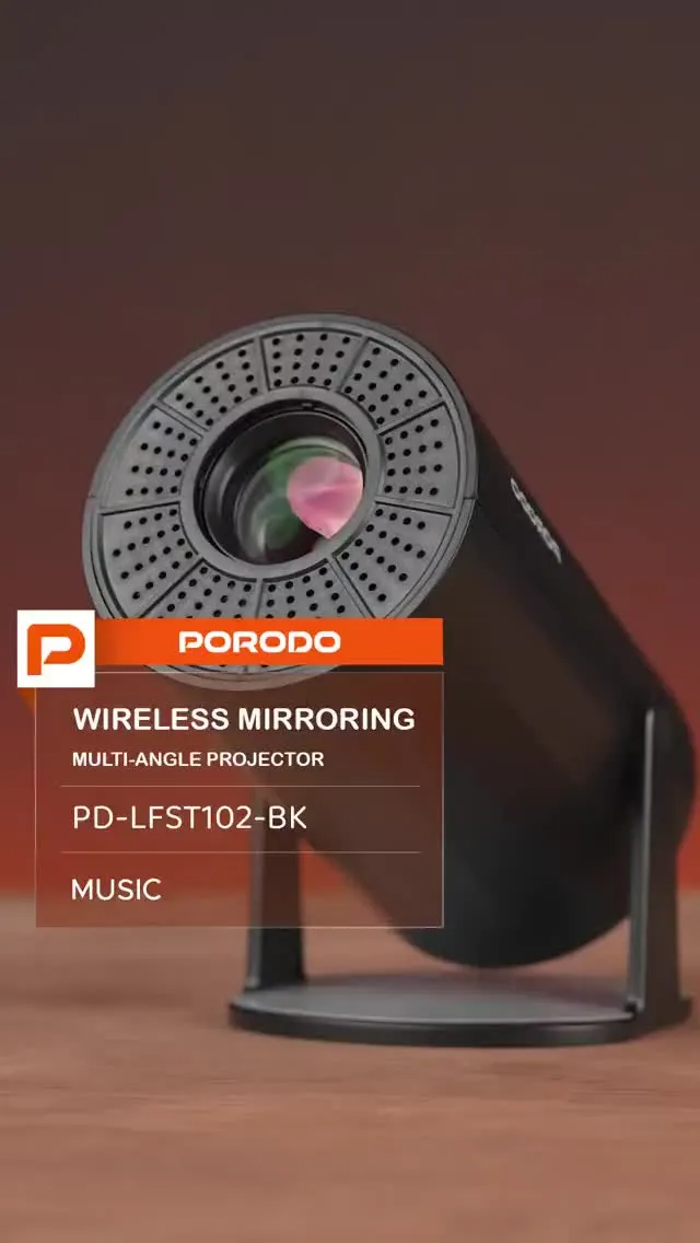 Porodo Wireless Mirroring Multi-Angle Projector with Auto Keystone Technology, 2.69" LCD Display, Android 11.0 Operating System, 50W LED Lamp, Remote Control, Bluetooth Version 5.0 - Black