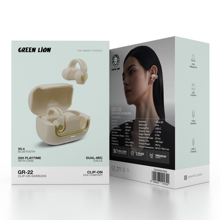  Green Lion GR-22 Clip-On Earbuds with Voice Assistant, IPX4 Waterproof, Dual Mic Calls, USB-C Charging, 20 Hours Playtime with Case, v5.4 Bluetooth - Beige