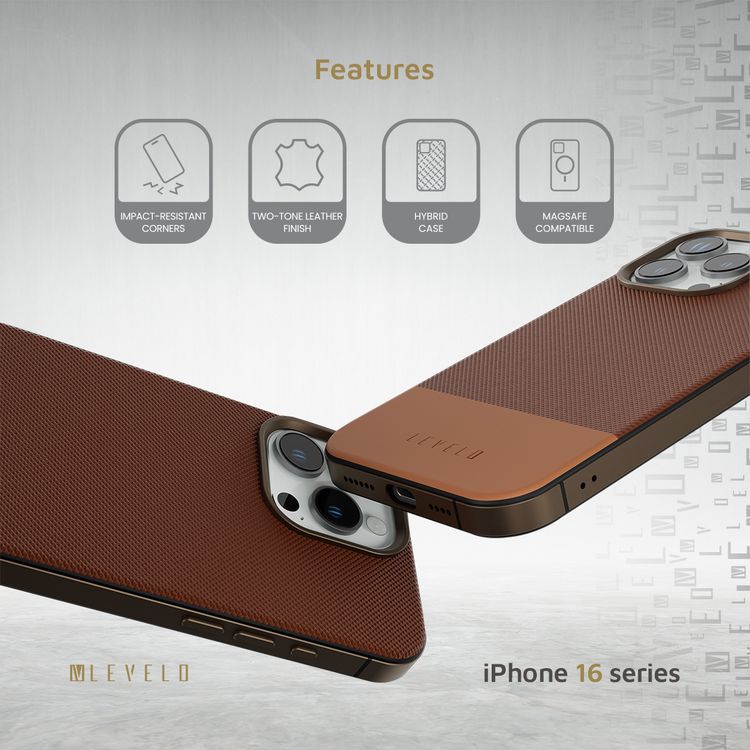 Levelo Cuir Two Tone Leather Case For iPhone 16 Pro Max, Durable, Compact Design, MagSafe Compatible, Hybrid Case, Impact-Resistant Corners , Aluminum Bumper Finish, High Quality Material - Rose Gold Titanium