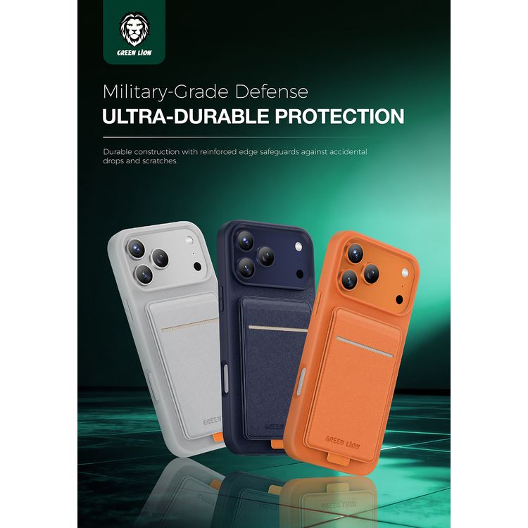 Green Lion Regal MagSafe Leather Case with Card Holder for iPhone 17 Pro, Anti-Fingerprint, Foldable Stand, Camera Protection, Comfortable Grip, Anti-Scratch, Shock Absorption - Orange