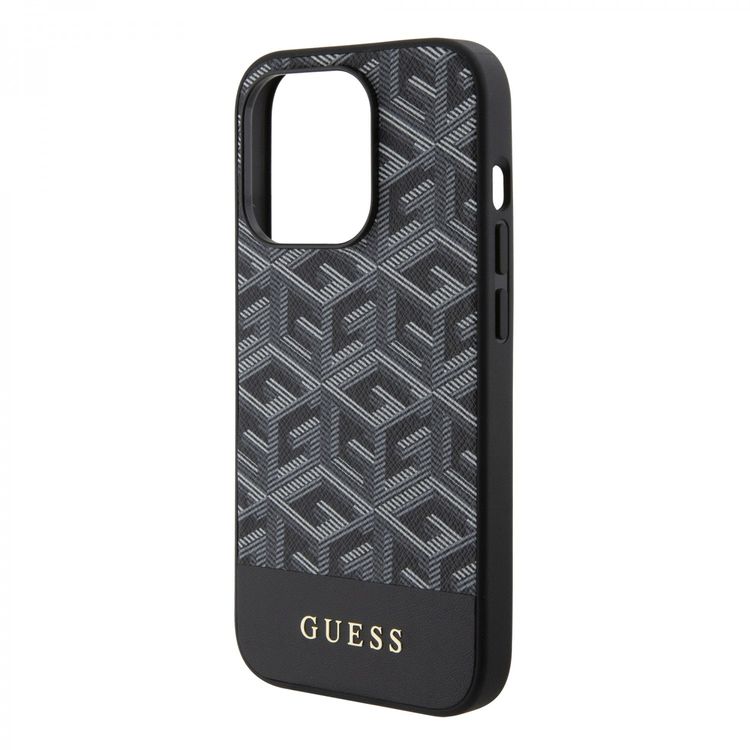 Guess Magsafe Leather Case with Gcube Stripe Pattern - Black - iPhone 15 Pro