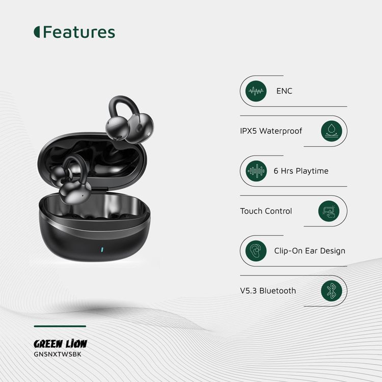 Green Lion Sonix Clip On Earbuds with Environmental Noise Cancellation, Up to 6 Hours of Playtime, 10m Transmission Range, IPX5 Waterproof Rating, Touch Control - Black