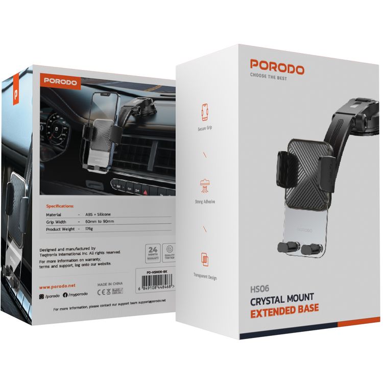 Porodo Crystal Mount with Extended Base, 60-90mm Grip Width, Transparent Design, Strong Adhesive, ABS & Silicone Material - Black